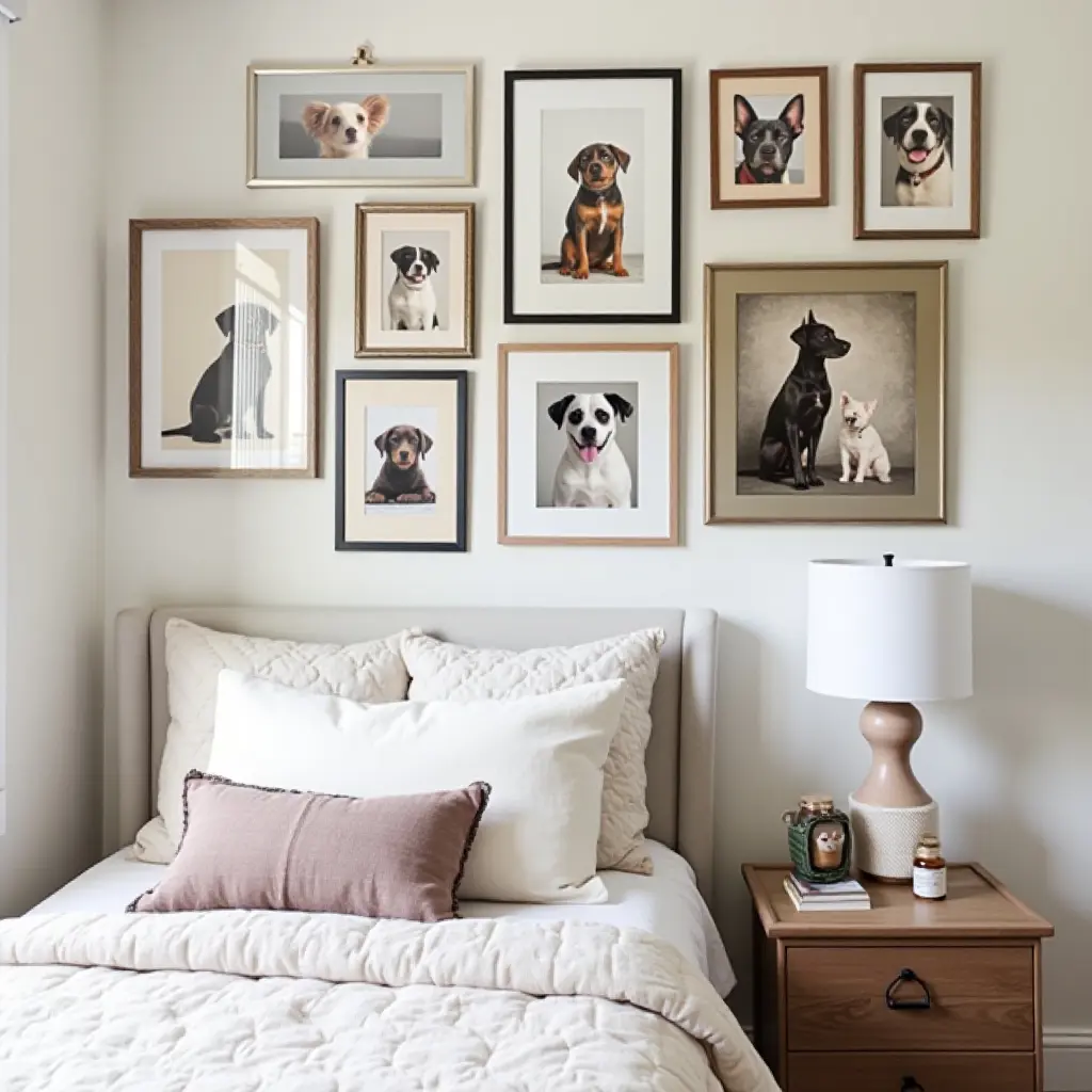 a photo of a pet-themed gallery wall featuring photos of pets and animal art in a teen's cozy bedroom