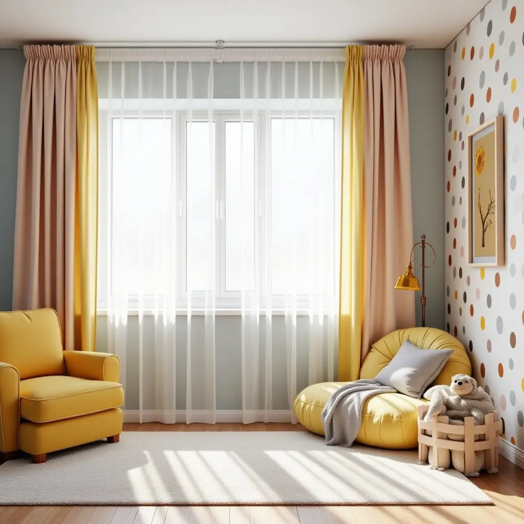 a photo of a bright kids' room with a mirrored accent wall and colorful curtains