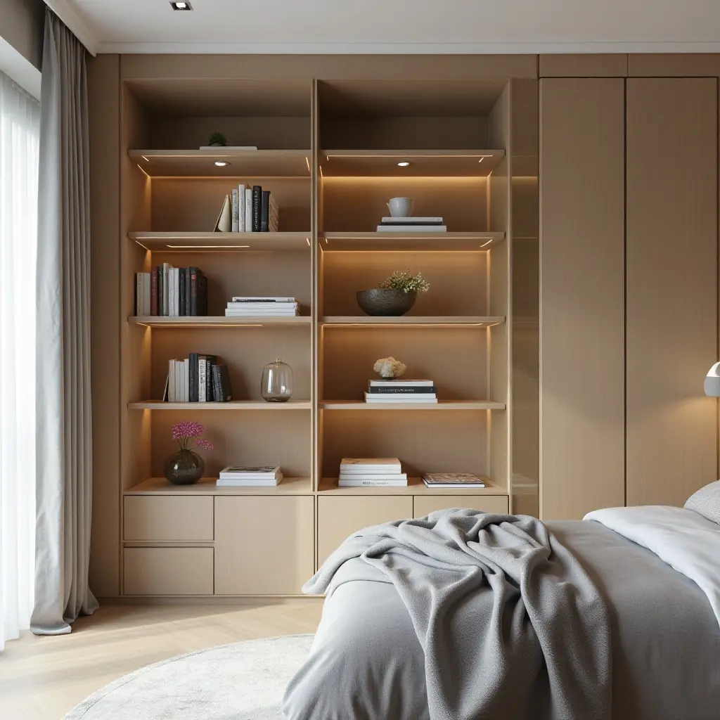 a photo of a bedroom shelving unit designed for both style and functionality