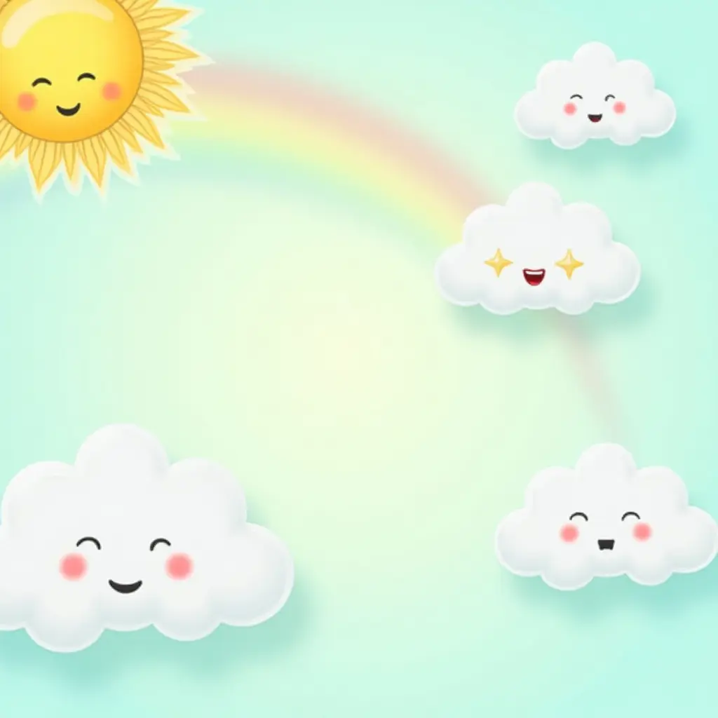 a photo of a cheerful weather theme with sun, clouds, and rainbows