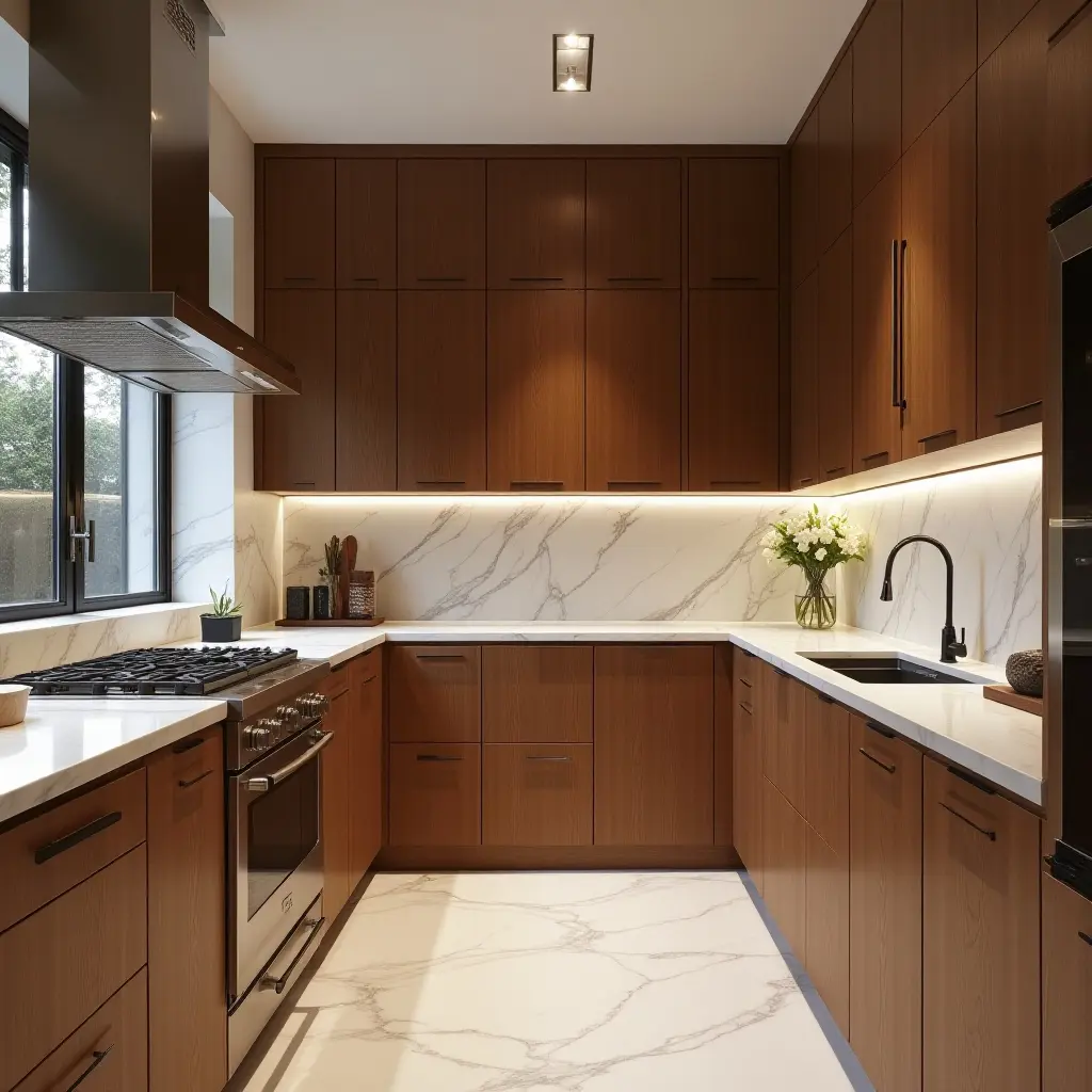 a photo of a gourmet kitchen with elegant wood cabinetry, marble stone, and sleek metal accents