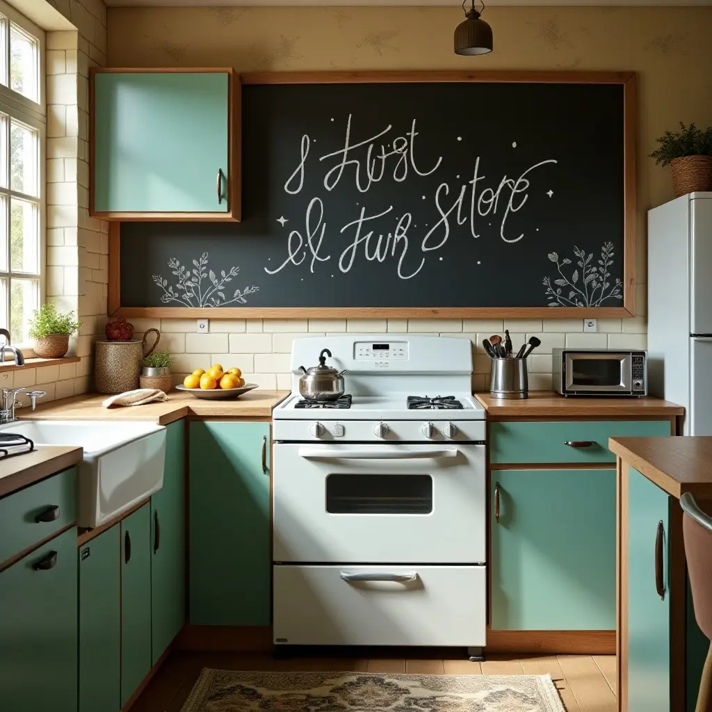a photo of a retro kitchen with chalkboard art and vintage appliances
