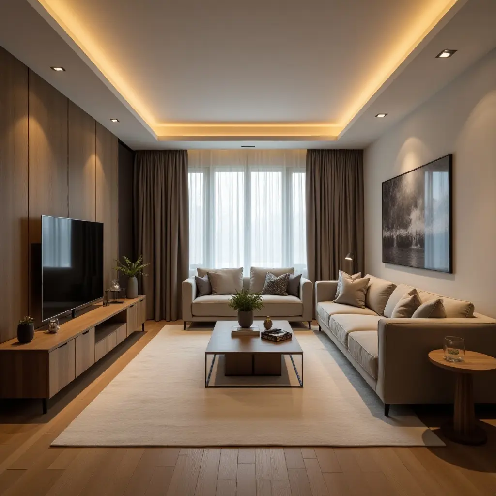 a photo of a small living room with dimmable recessed lighting