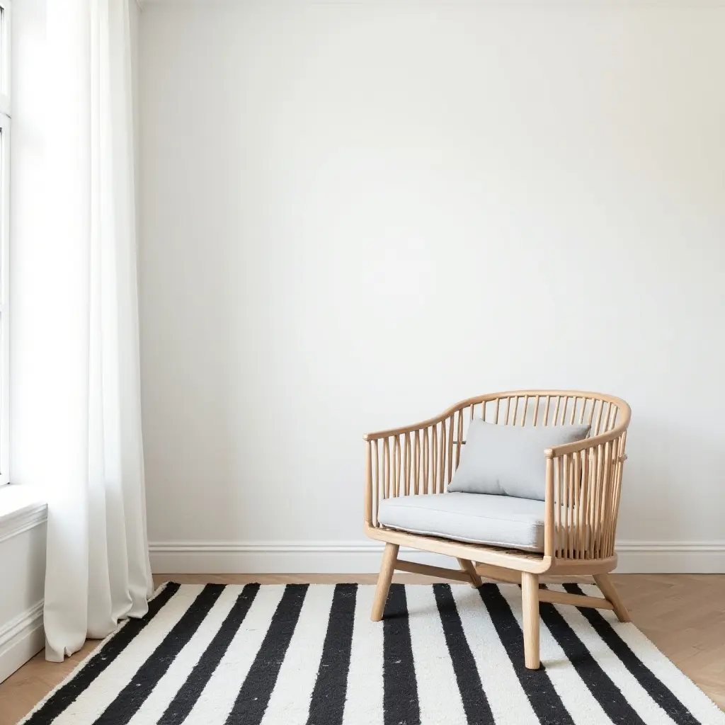 a photo of a minimalist black and white striped rug for a chic nursery