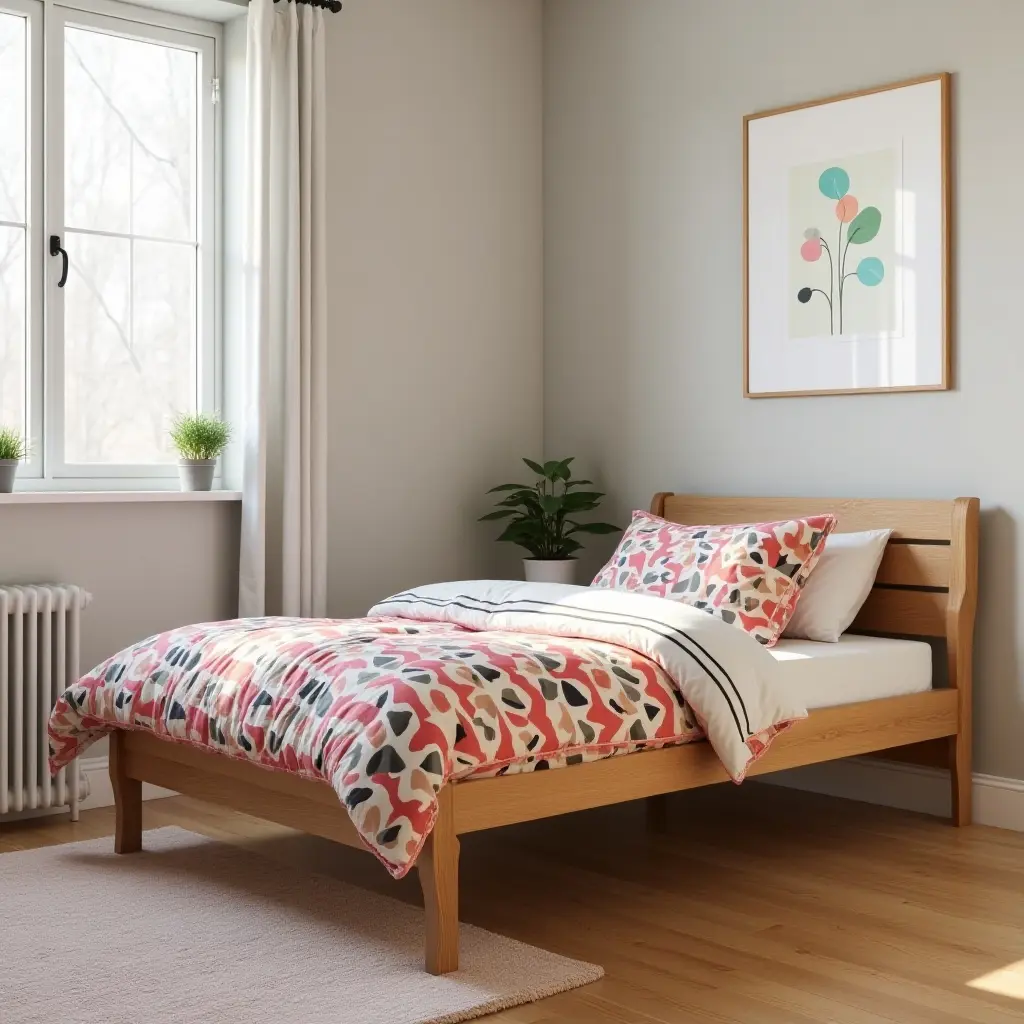 a photo of a wooden bed frame with a colorful duvet in a teen's room