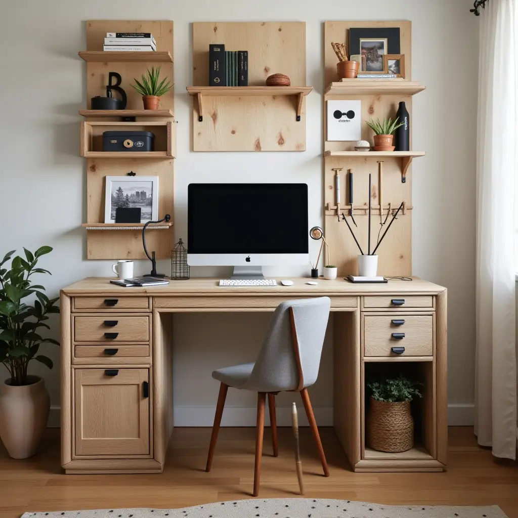 a photo of a creative desk organization system made from recycled materials in a teen's room