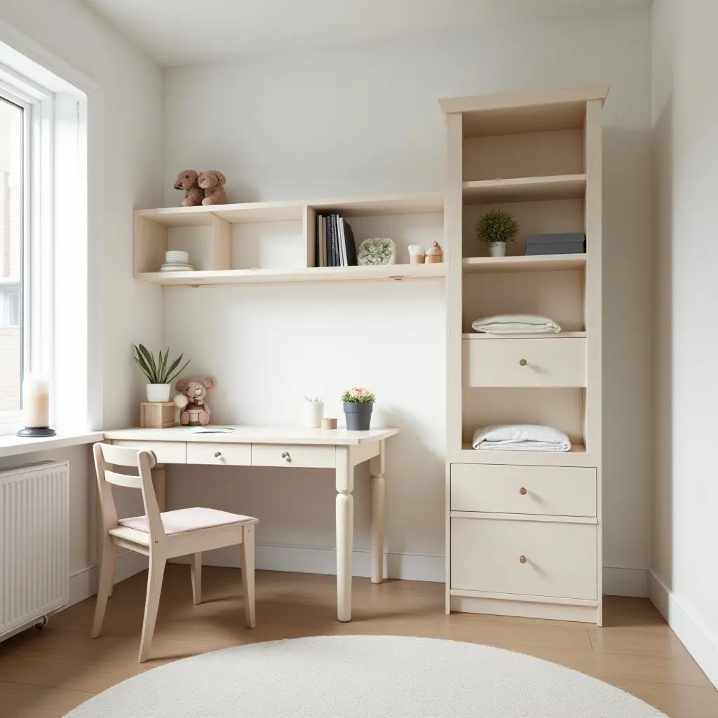 a photo of a stylish kids' room with a desk, chair, and minimalistic shelving