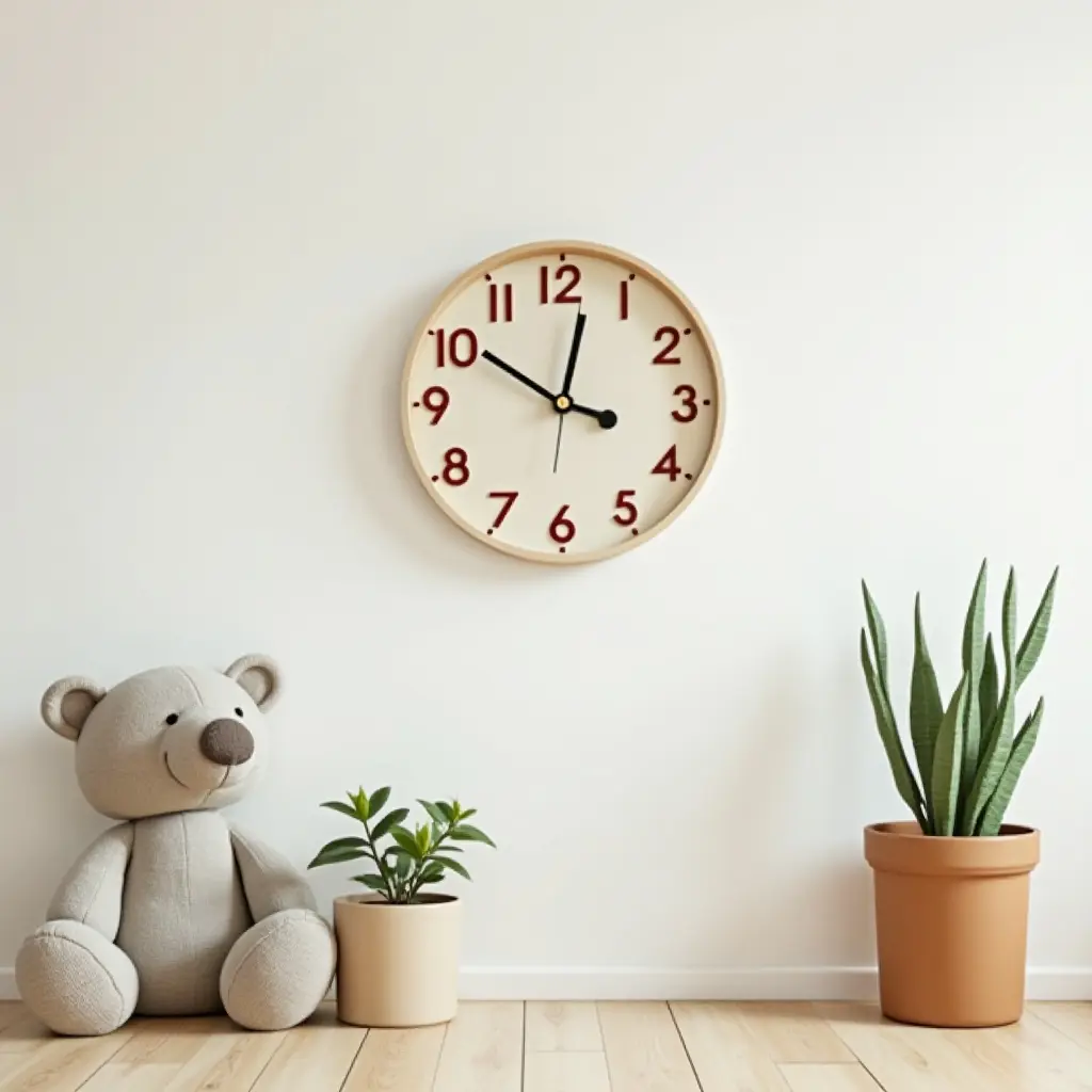 a photo of a kids' room with a plant-themed wall clock
