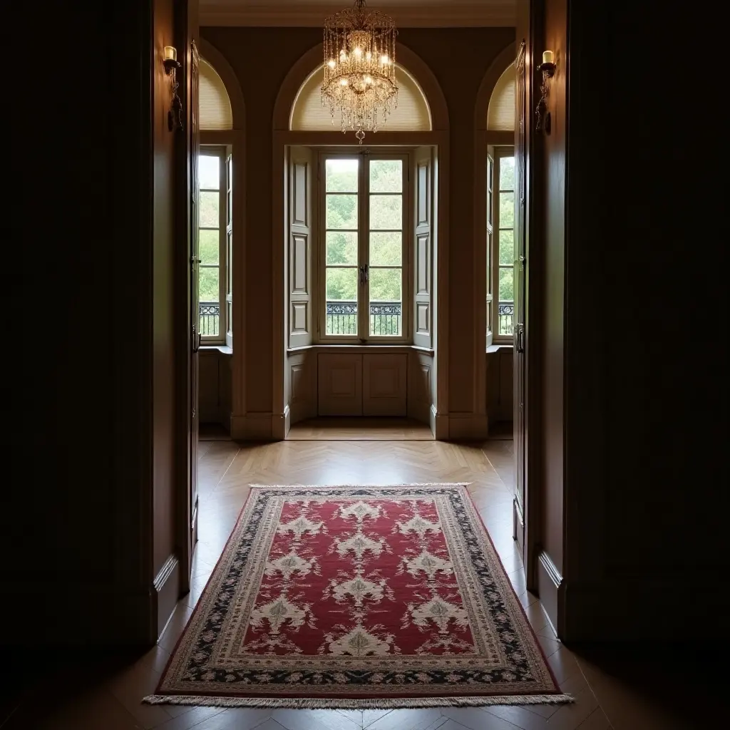 a photo of a sophisticated rug with a damask pattern on a formal balcony