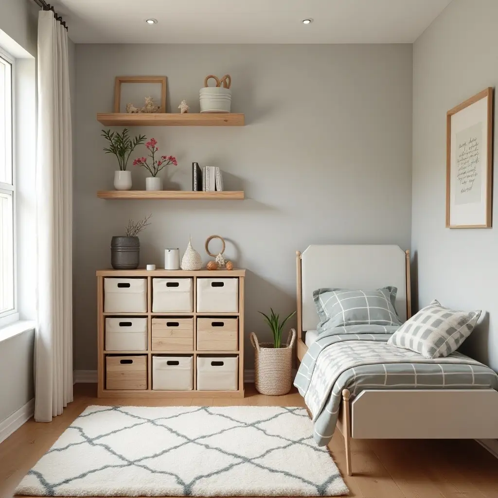 a photo of a neatly organized small kids' bedroom with bins