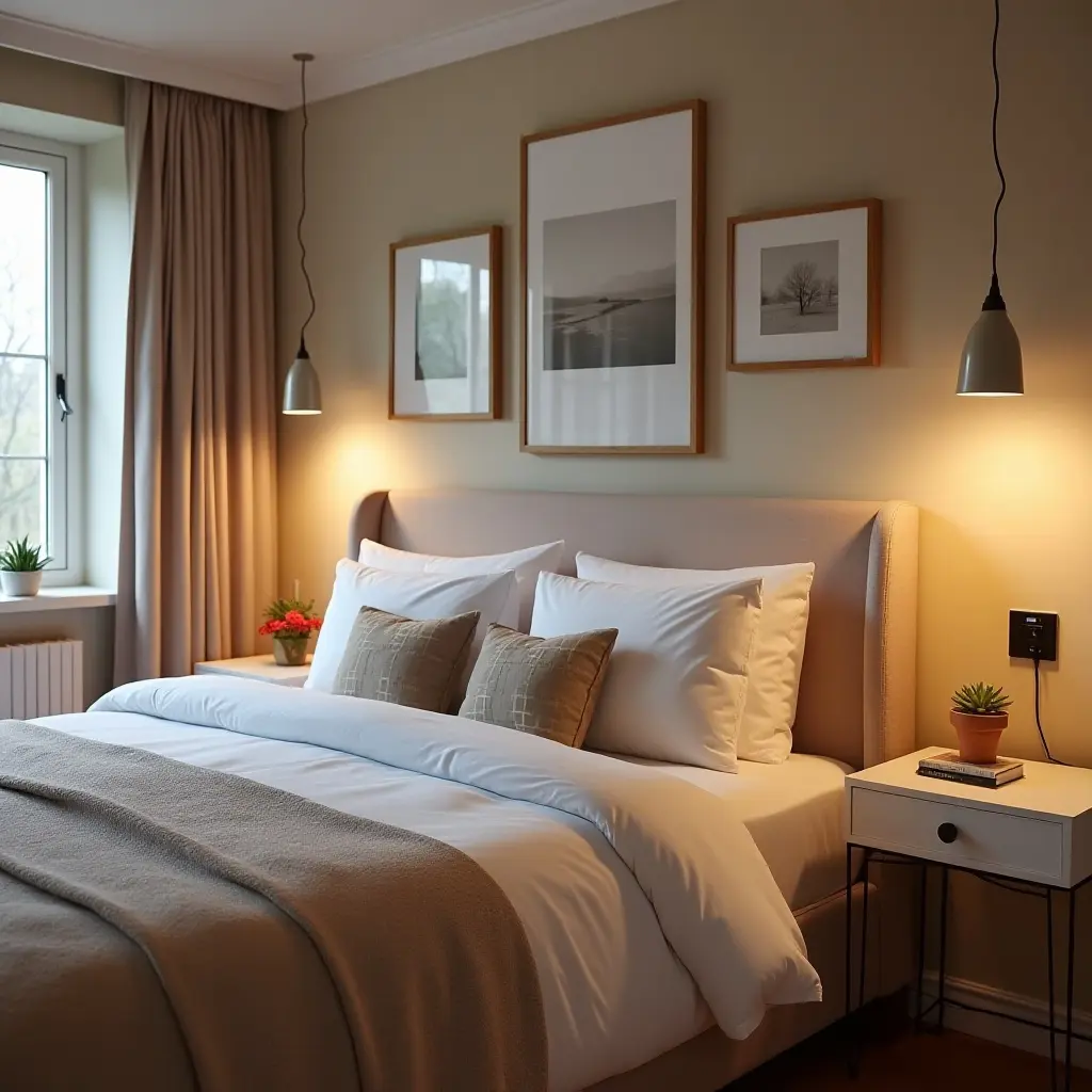 a photo of a tech-friendly bedroom with charging stations and smart decor