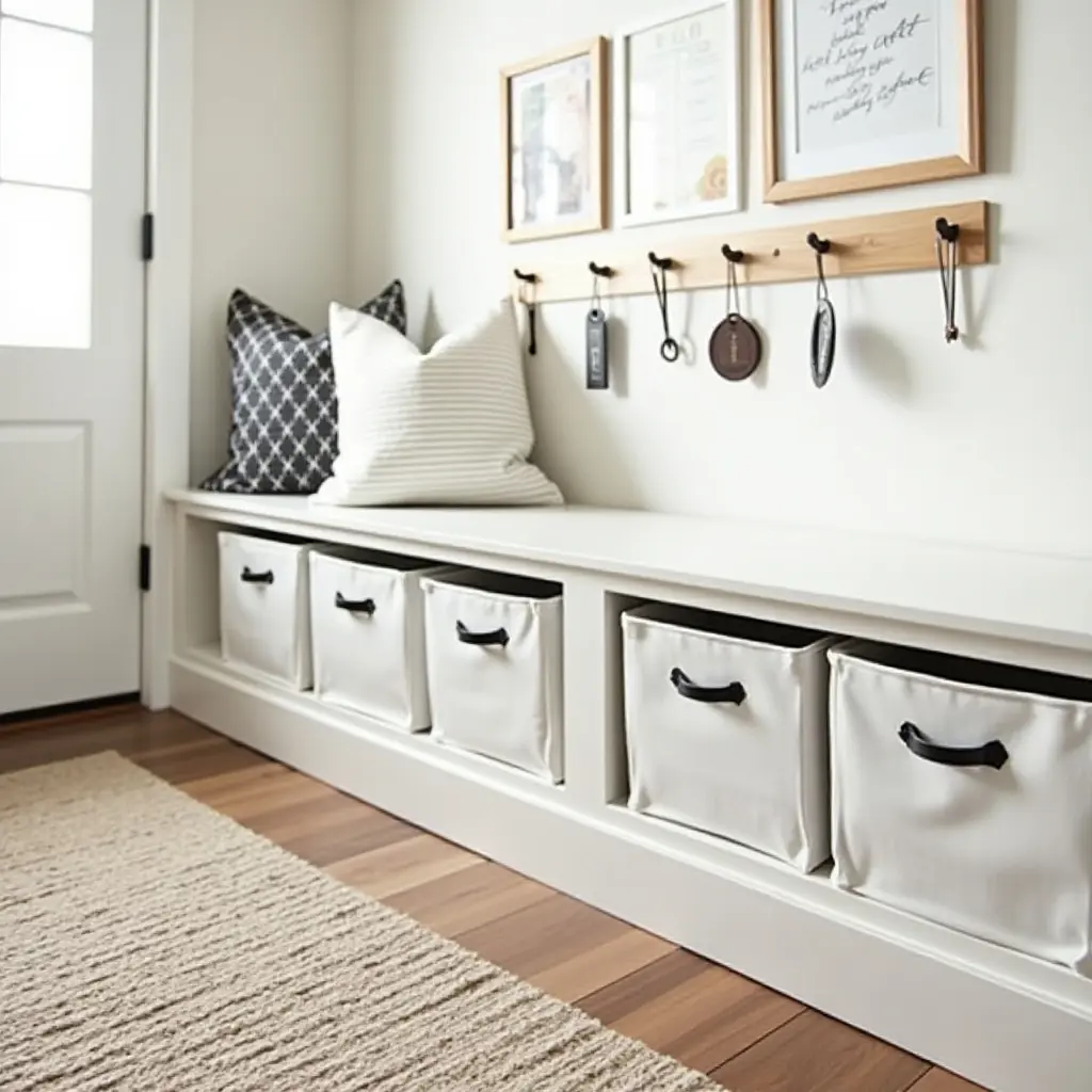 a photo of a functional entry hall with labeled storage boxes