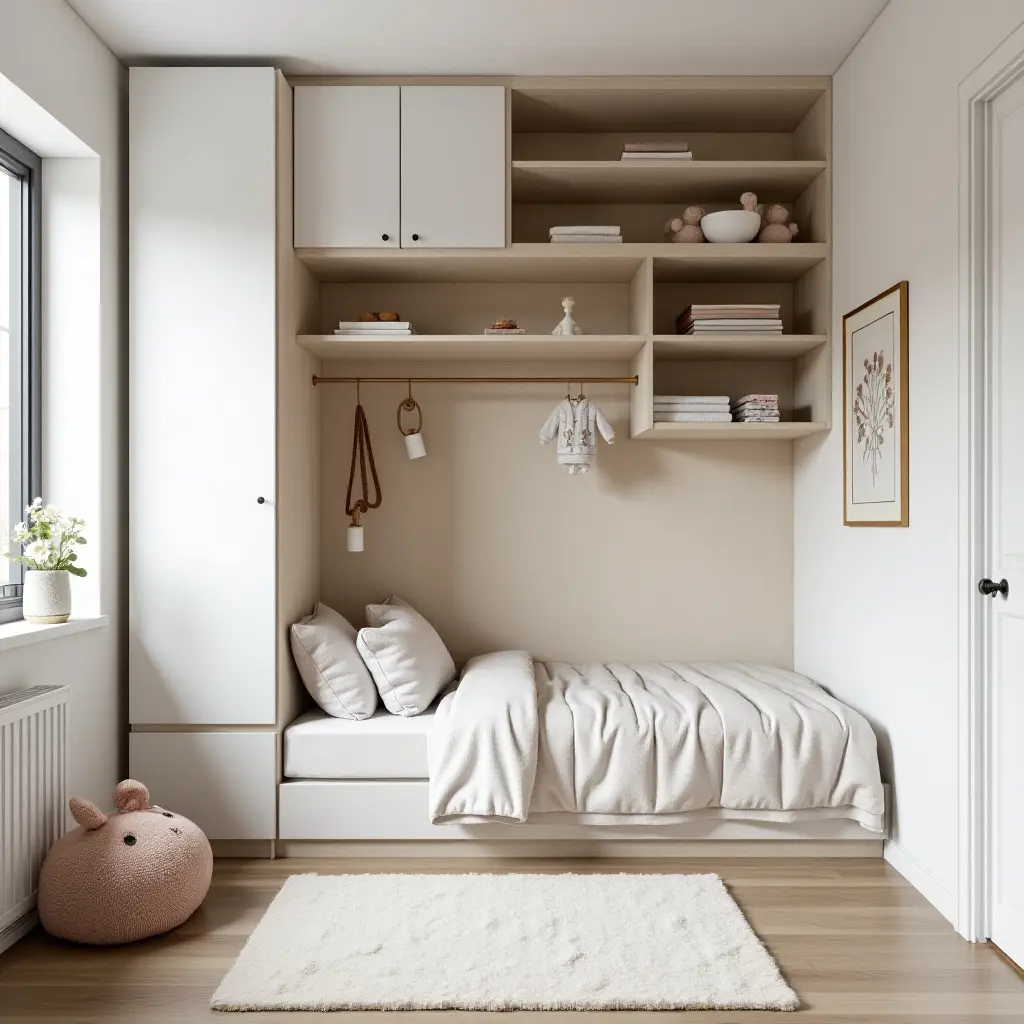 a photo of a modern kids' bedroom with Scandinavian design principles and thoughtful organization