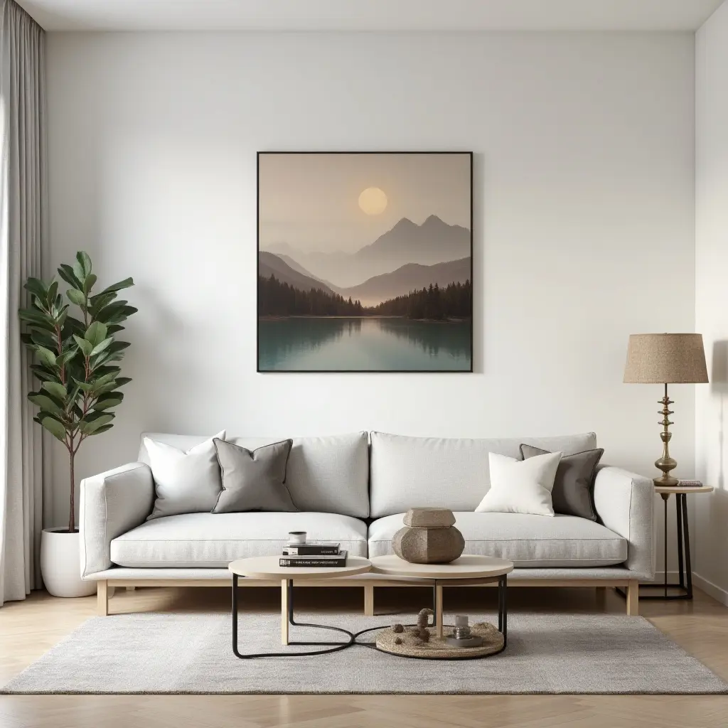 a photo of a serene living room featuring a single statement piece of art