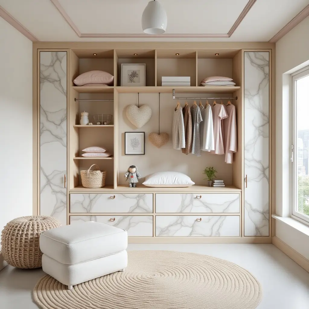 a photo of a vibrant kids' room with marble-inspired decor and creative storage solutions