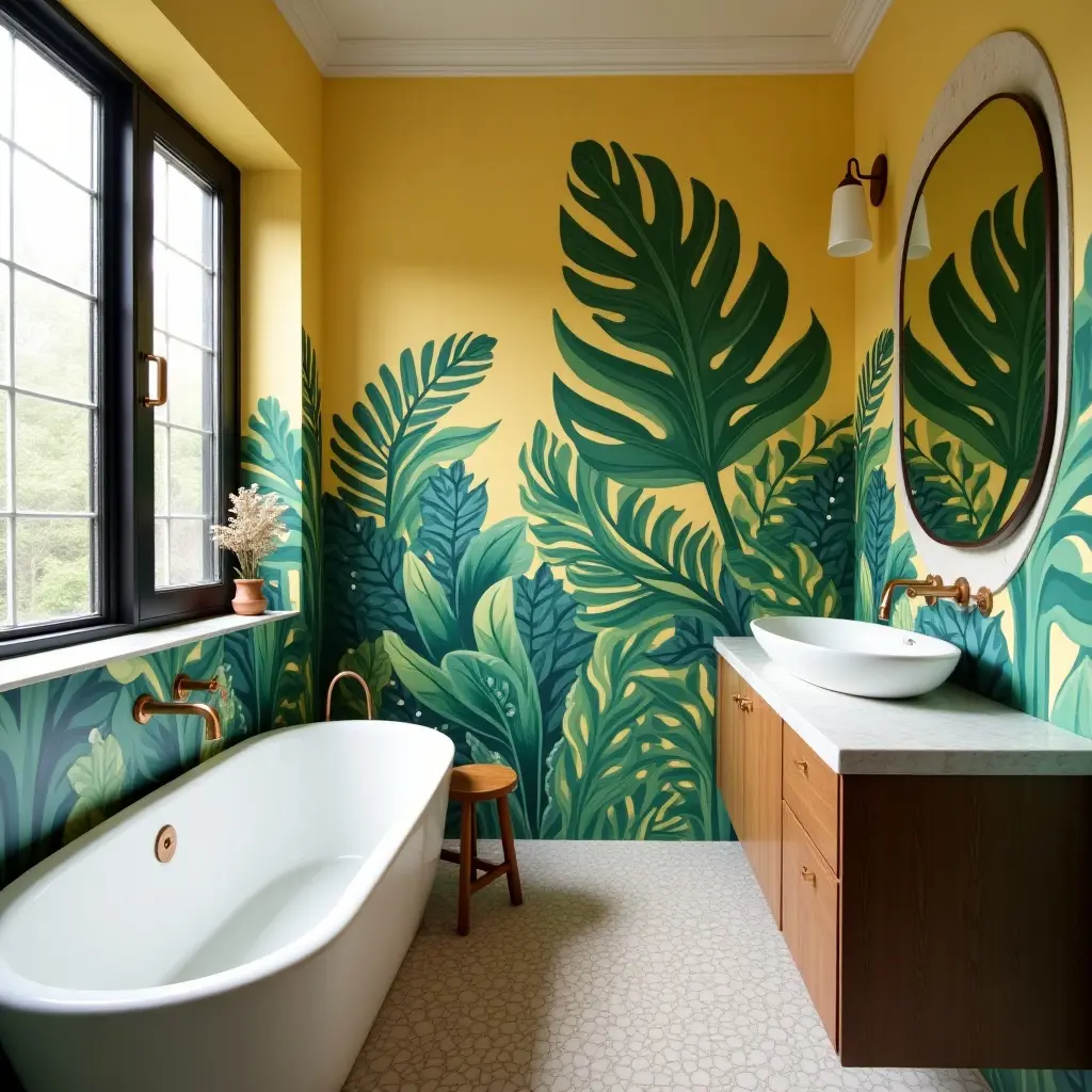 a photo of a colorful bathroom with a mural of tropical plants