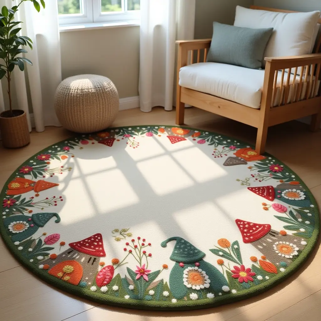 a photo of a charming fairy garden rug with whimsical details for a nursery