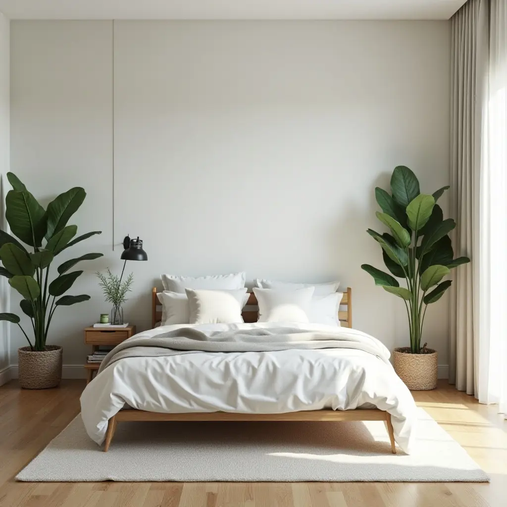 a photo of a modern bedroom with a clean aesthetic and green plants