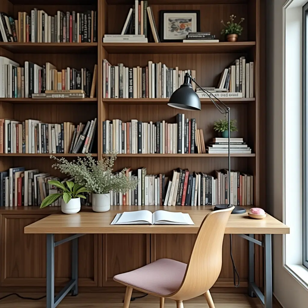 a photo of a well-organized bookshelf beside a study desk