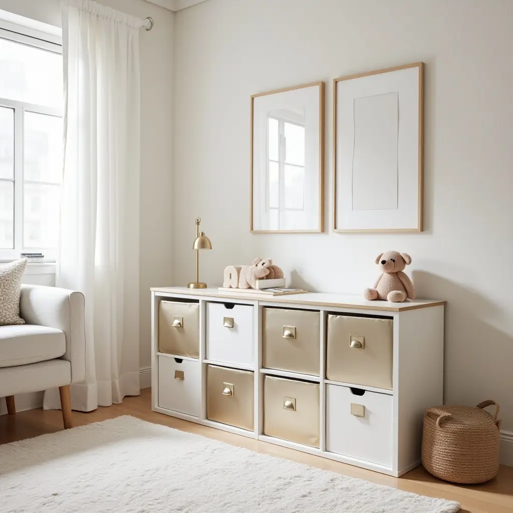 a photo of a bright kids' room showcasing metallic storage boxes