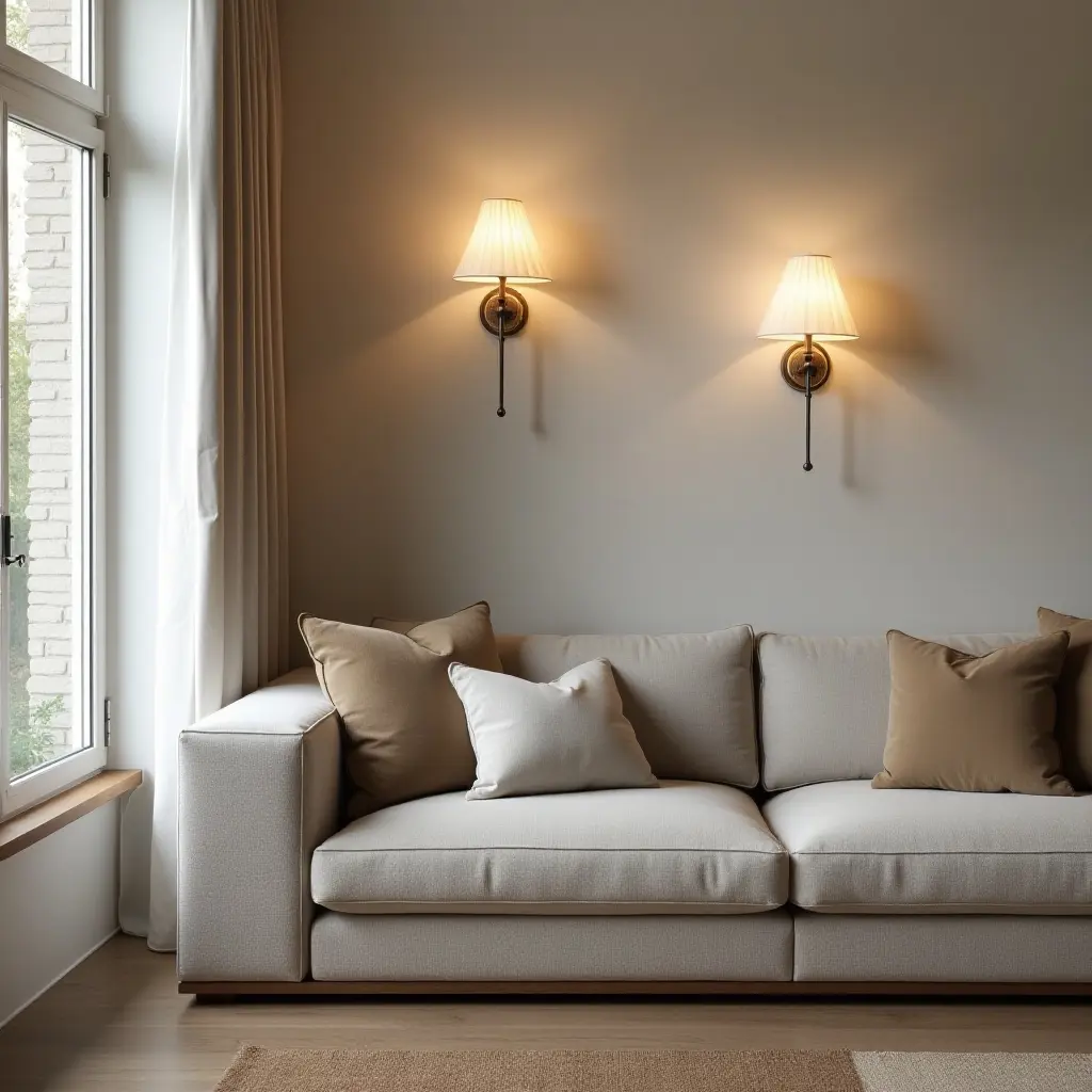 a photo of a living room with elegant wall sconces