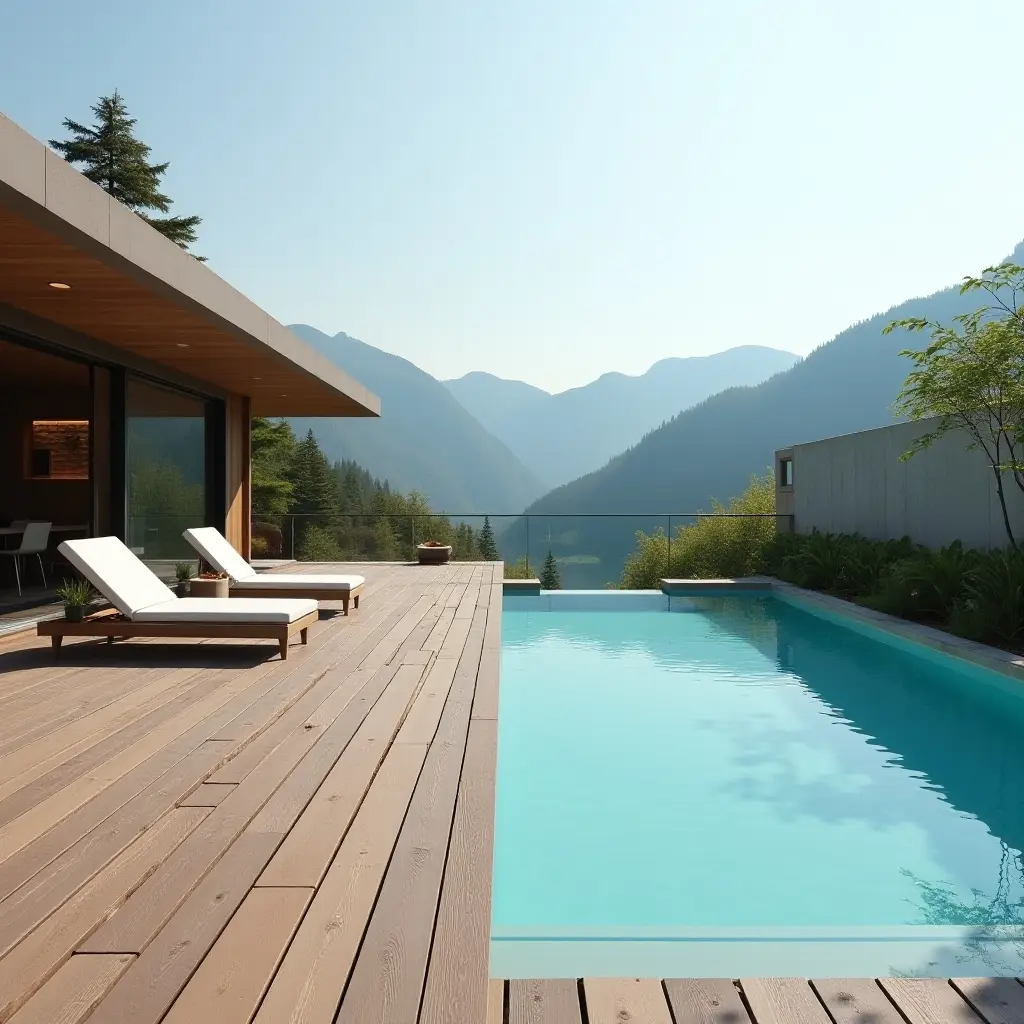 a photo of a sleek wooden deck with minimalistic pool loungers