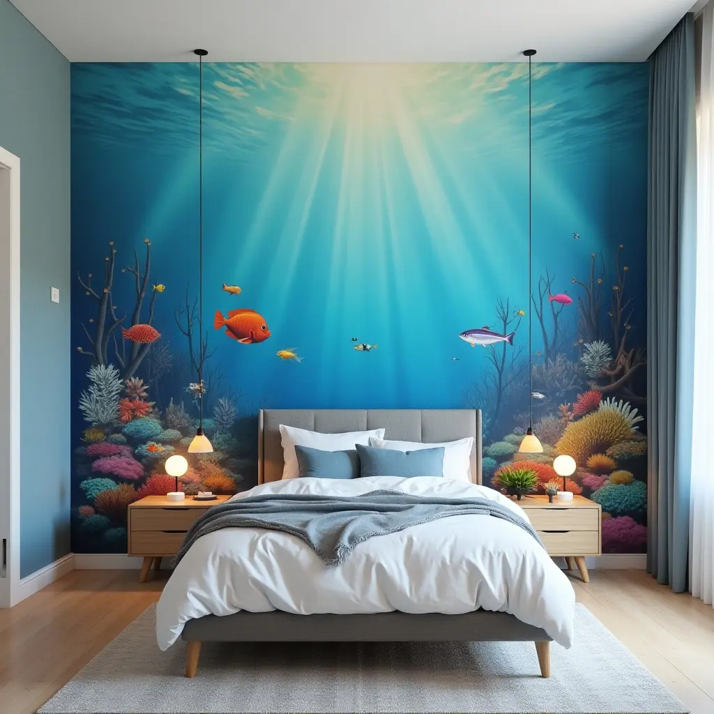 a photo of a wall showcasing a vibrant underwater scene mural in a teen's bedroom