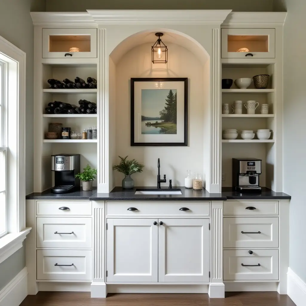 a photo of a butler's pantry featuring a wine rack and built-in coffee station
