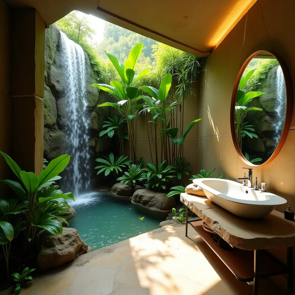 a photo of a tropical bathroom with a waterfall and lush greenery