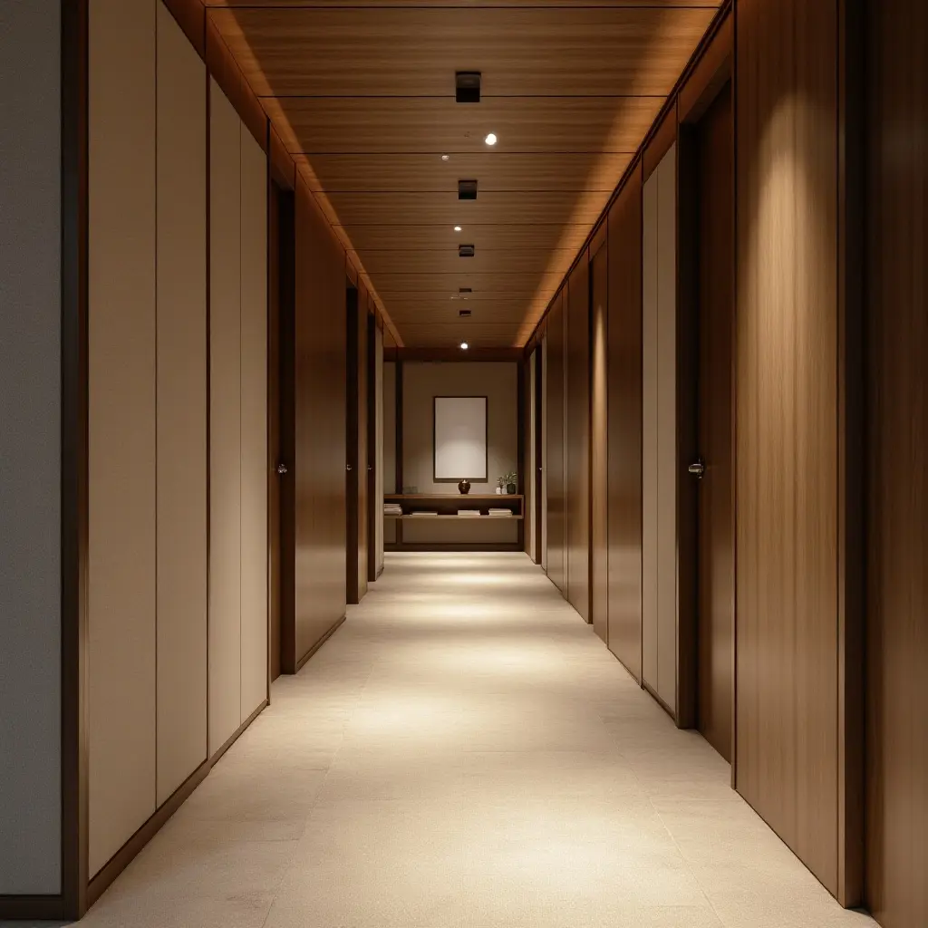 a photo of a well-designed corridor with contrasting textures of fabric, wood, and metal