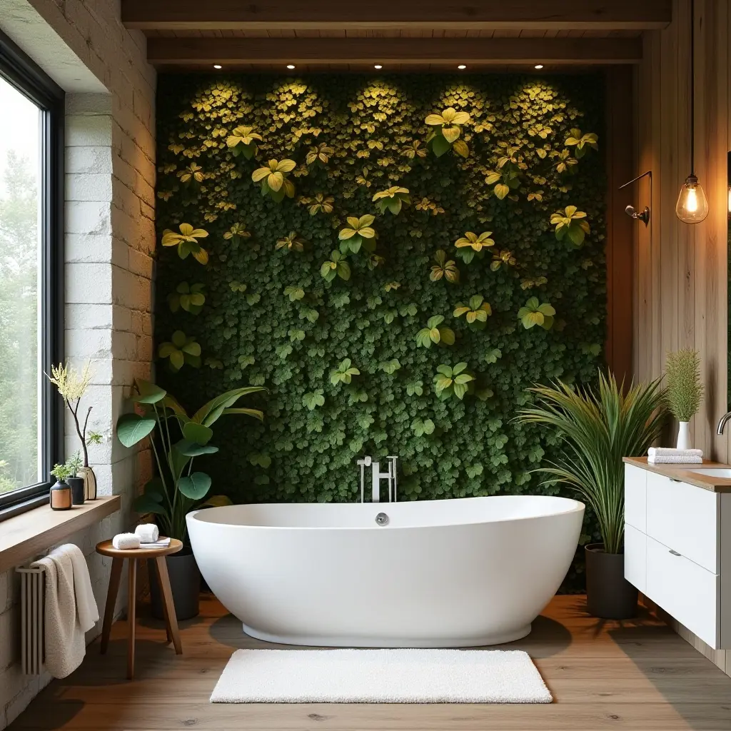 a photo of a rustic bathroom featuring a vertical garden wall
