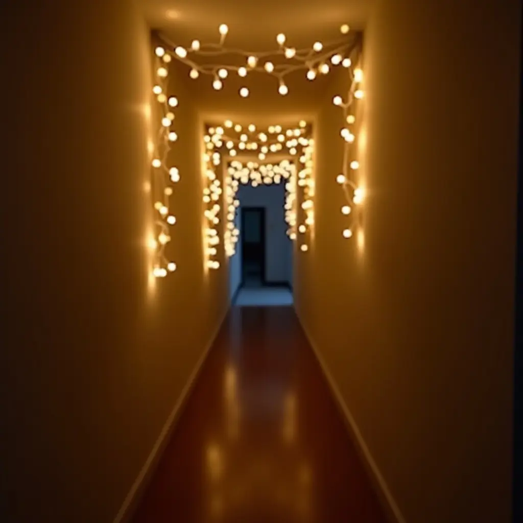 a photo of hanging fairy lights in a narrow hallway