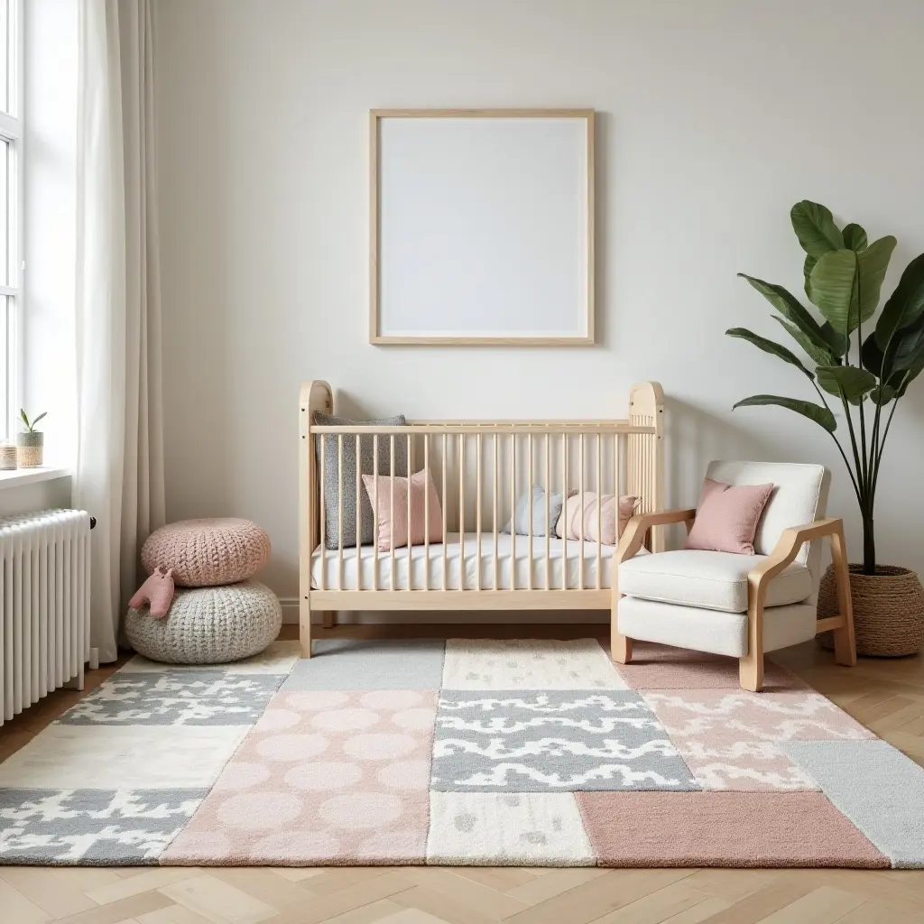 a photo of a patchwork rug combining various patterns for a unique nursery