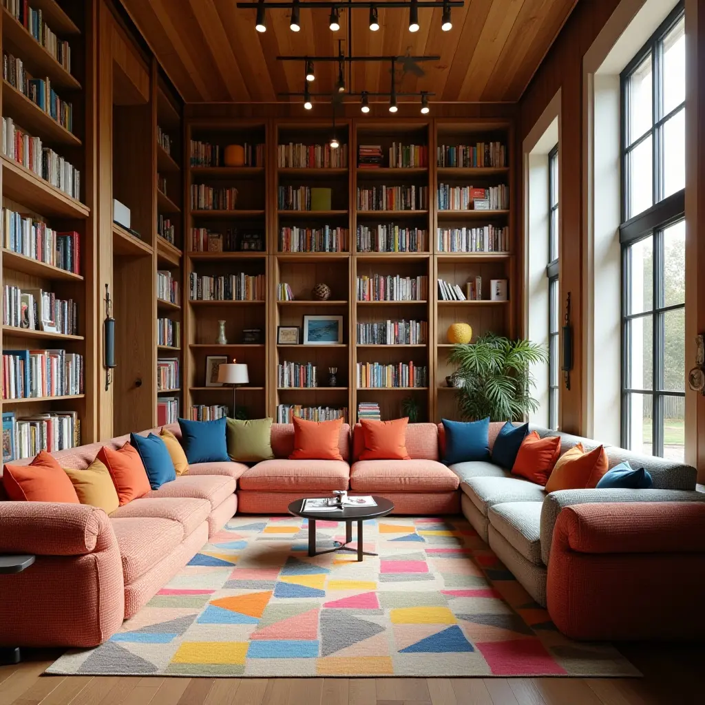 a photo of a bright library with colorful fabric cushions and wooden accents
