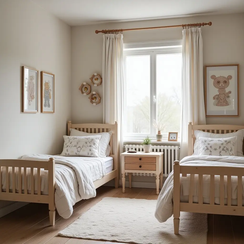 a photo of a cozy shared kids' bedroom with personalized touches