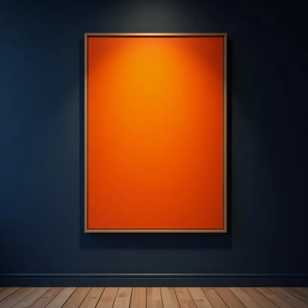 a photo of a bright orange artwork on a navy wall