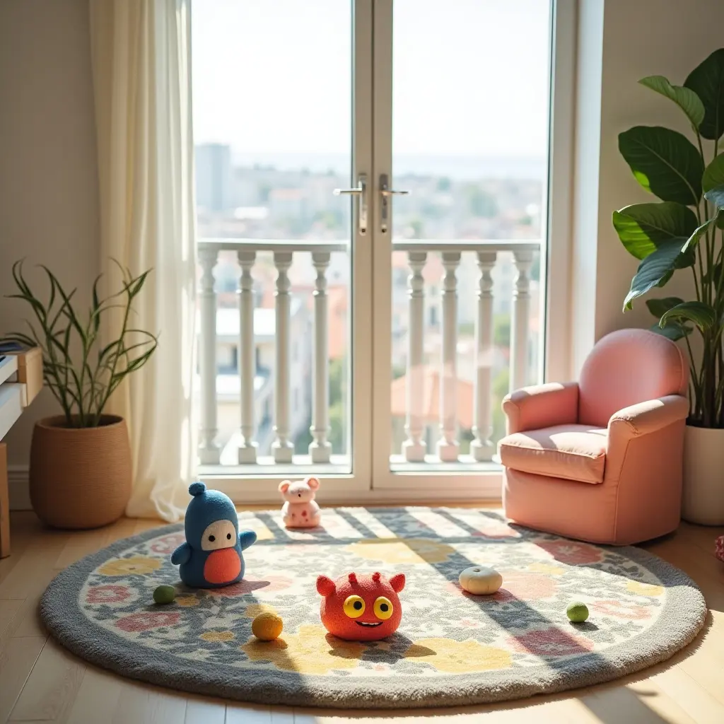 a photo of a whimsical rug with cartoon characters on a children's balcony