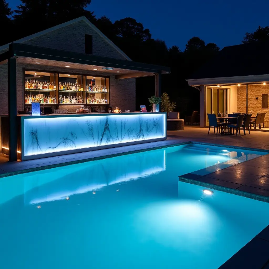 a photo of a contemporary glass bar with LED lighting by the poolside