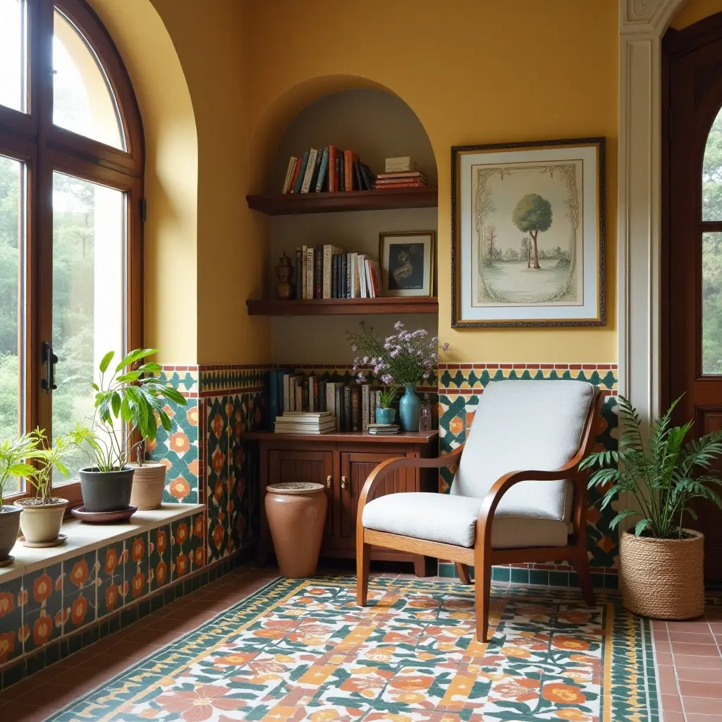 a photo of a reading nook with colorful Mediterranean tiles and a comfy chair