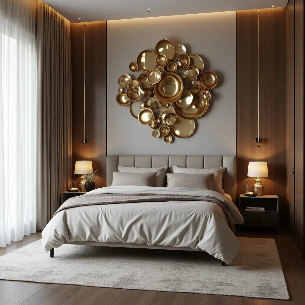 a photo of an artistic bedroom with metallic accents in sculptures and wall art