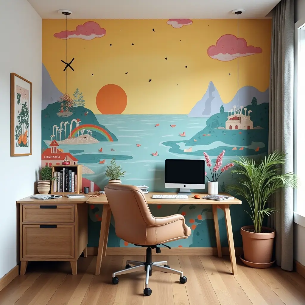 a photo of a creative study space with a mural on the wall