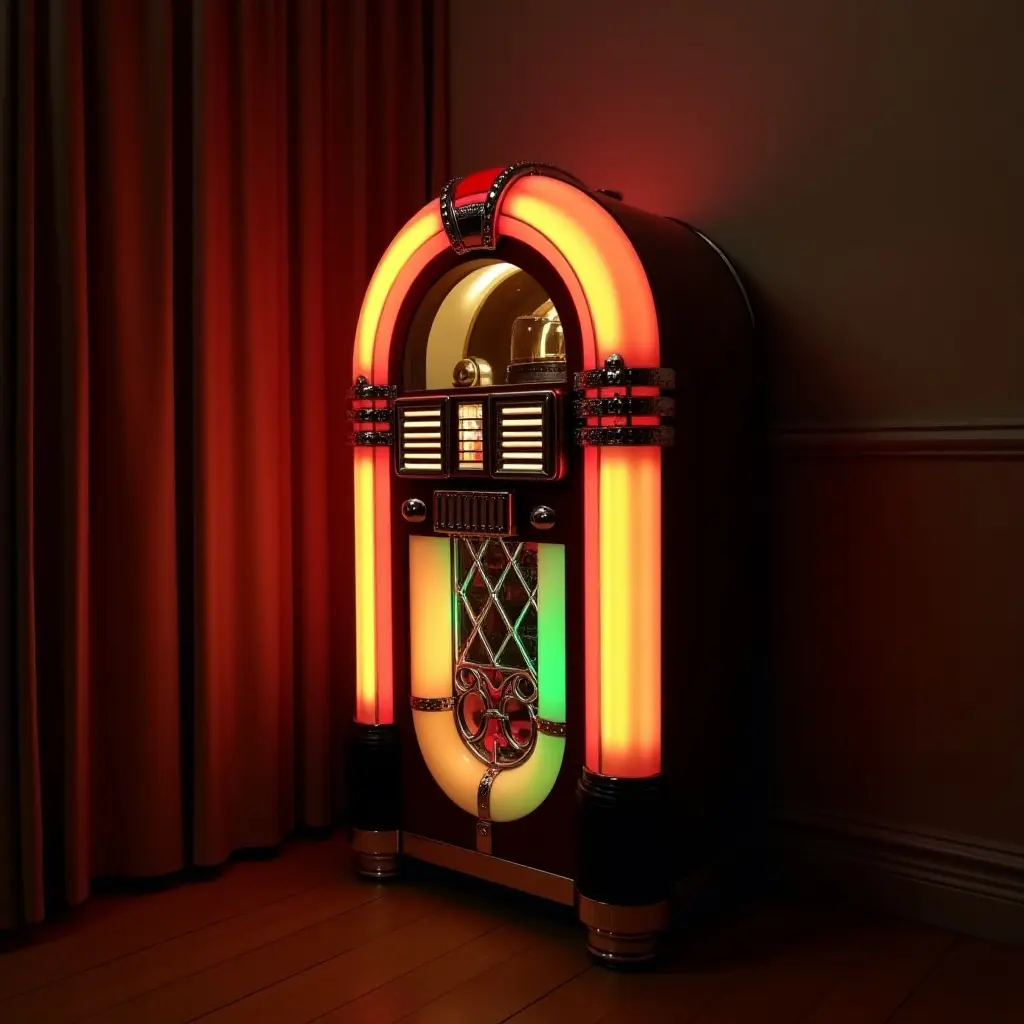 a photo of a retro jukebox playing classic tunes in the corner