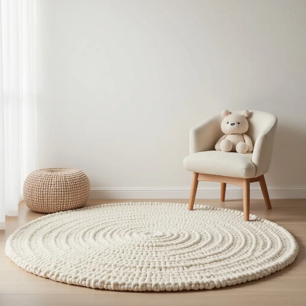 a photo of a cozy knitted rug in neutral tones for a nursery