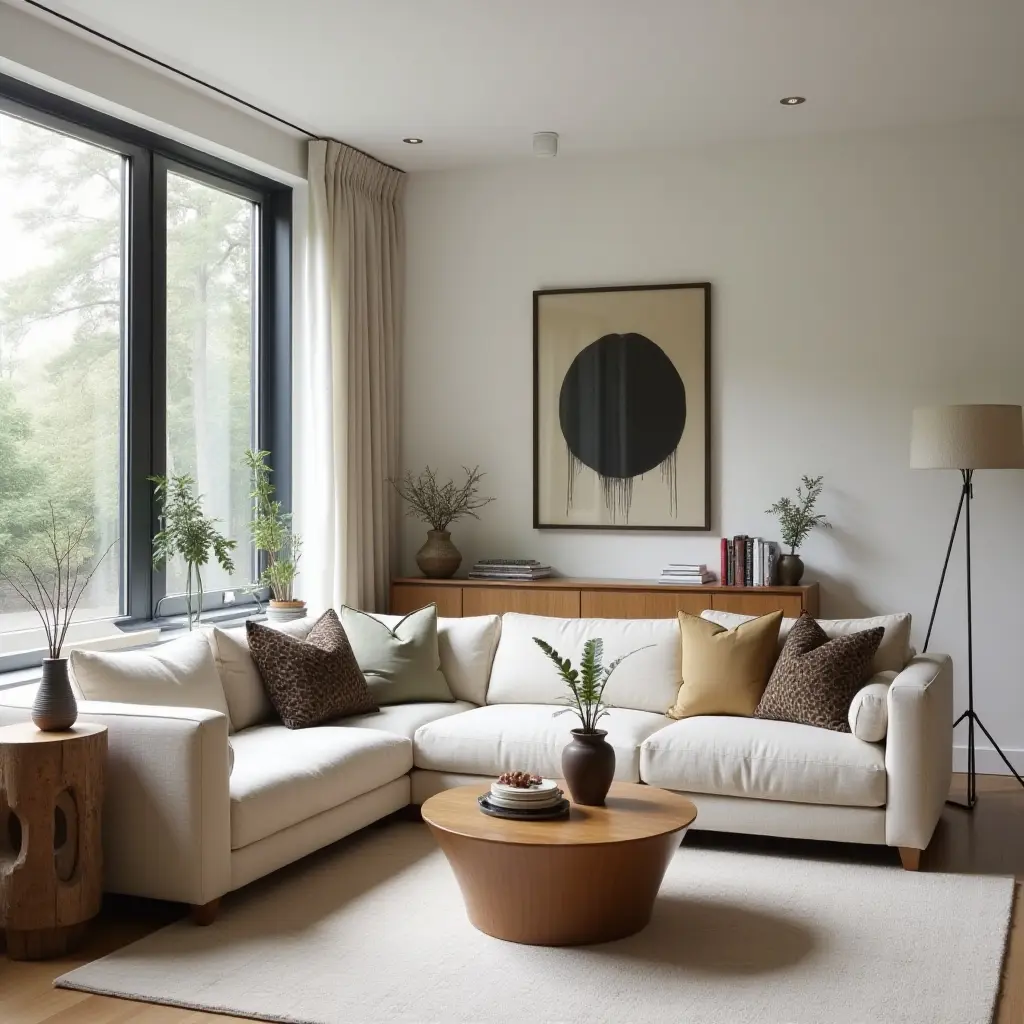 a photo of a clutter-free living room with stylish storage solutions
