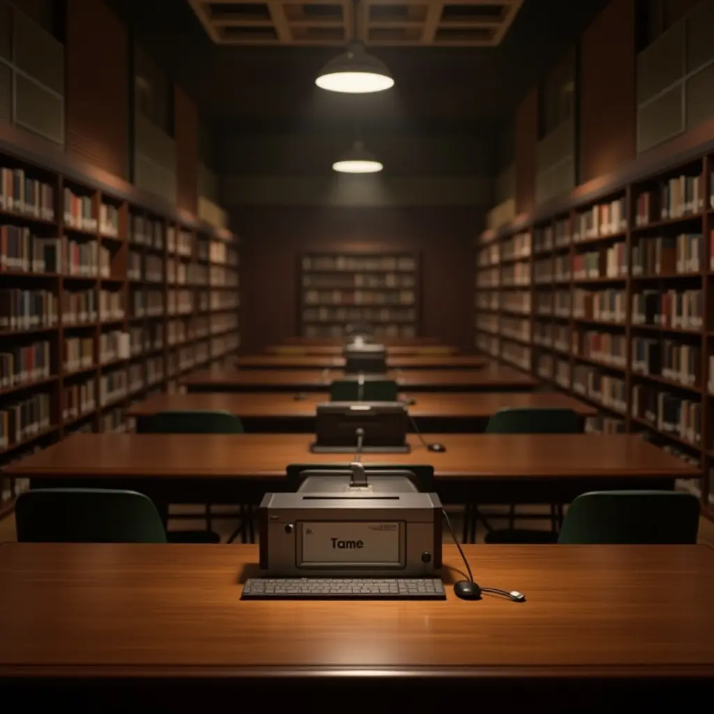 a photo of a library with wooden desks and soft lighting