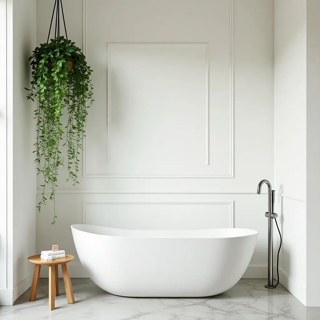 a photo of a minimalist bathroom with hanging ferns above the bathtub