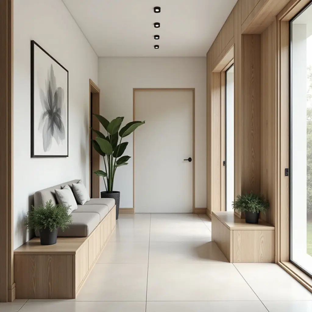 a photo of a minimalist corridor with a hidden storage bench and plants
