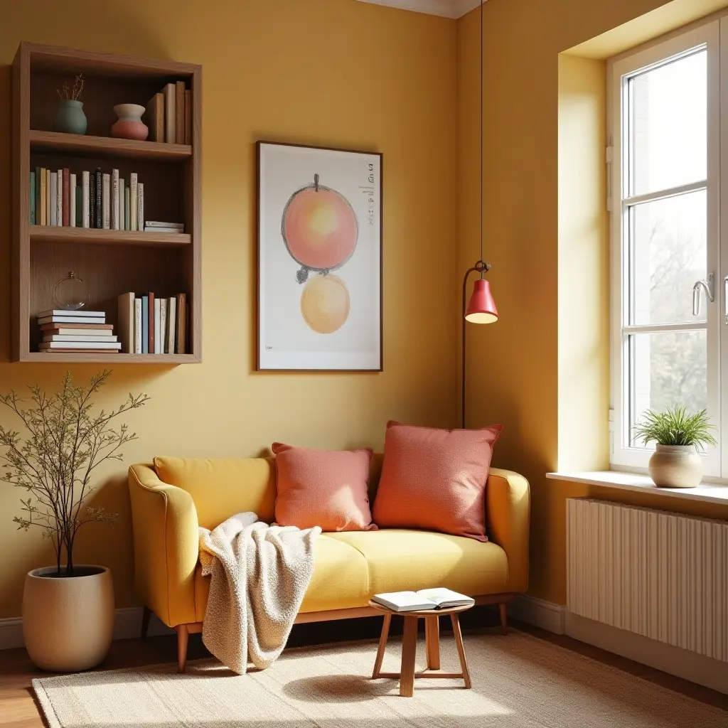 a photo of a reading nook with a bright color palette and inviting textures