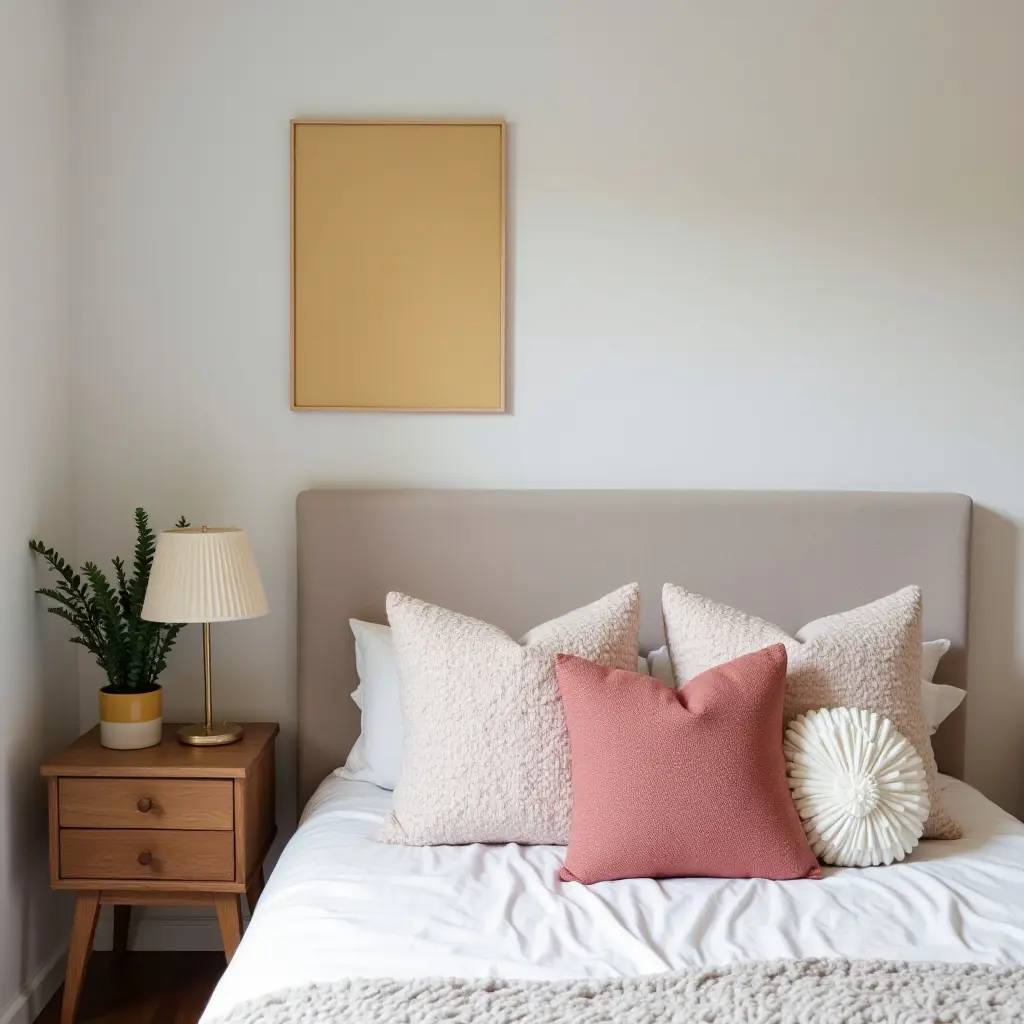 a photo of a stylish teen bedroom with throw pillows in various shapes