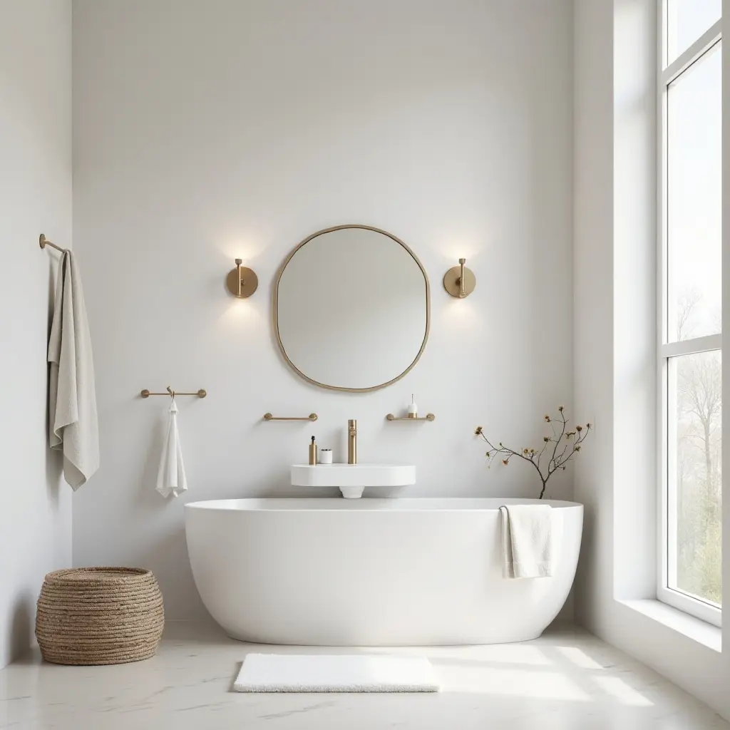 a photo of a beautifully organized Scandinavian bathroom with minimalist accessories